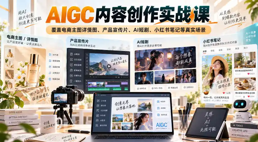 AIGC内容创作实战课，覆盖电商主图详情图、产品宣传片、AI短剧、小红书笔记等真实场景-得宝资源站
