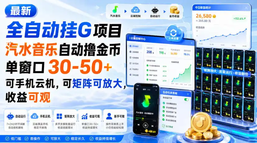 最新全自动挂G项目，汽水音乐自动撸金币单窗口30-50+，可手机云机，可矩阵可放大，收益可观-得宝资源站