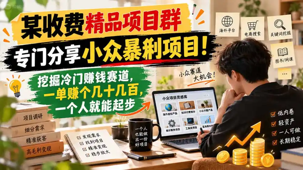 某收费精品项目群，专门分享小众暴俐项目！挖掘冷门赚钱赛道，一单赚个几十几百，一个人就能起步-得宝资源站