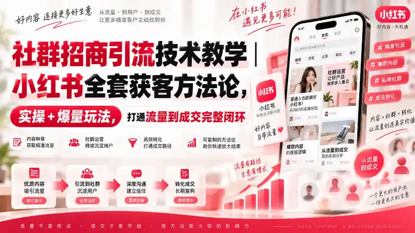 社群招商引流技术教学｜小红书全套获客方法论，实操+爆量玩法，打通流量到成交完整闭环-得宝资源站