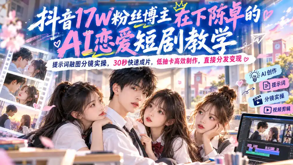 抖音17W粉丝博主在下陈卓的AI恋爱短剧教学,提示词融图分镜实操,30秒快速成片,低抽卡高效制作,直接分发变现