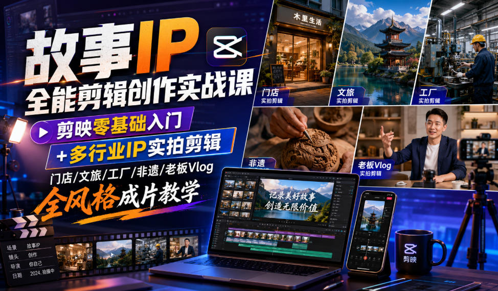 故事IP全能剪辑创作实战课｜剪映零基础入门+多行业IP实拍剪辑，门店/文旅/工厂/非遗/老板Vlog全风格成片教学-得宝资源站