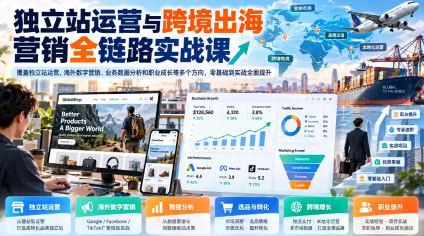 独立站运营与跨境出海营销全链路实战课，覆盖独立站运营、海外数字营销、业务数据分析和职业成长等多个方向，零基础到实战全面提升-得宝资源站