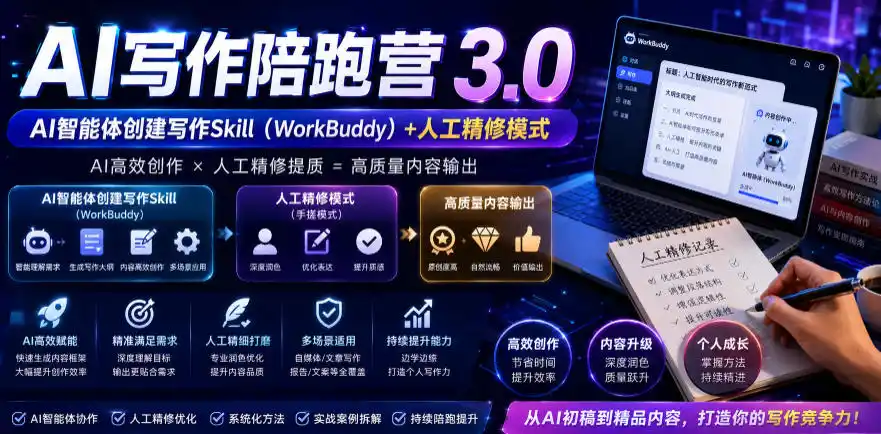 AI写作陪跑营3.0，Ai智能体创建写作skill(workbuddy)+人工手写模式(手搓模式)，去除AI痕迹(头条号、公众号、百家号)(更新0814)-得宝资源站