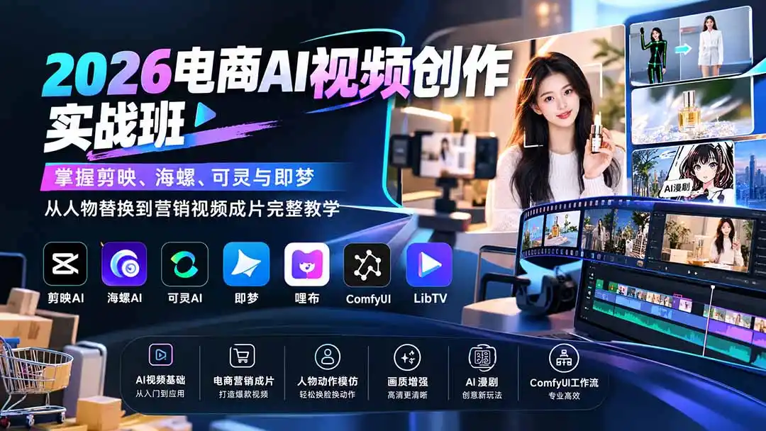 2026电商AI视频创作实战班：掌握剪映、海螺、可灵与即梦，从人物替换到营销视频成片完整教学-得宝资源站