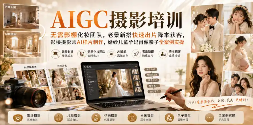 AIGC摄影培训｜无需影棚化妆团队，老景新搭快速出片降本获客，影楼摄影师AI样片制作，婚纱儿童孕妈肖像亲子全案例实操-得宝资源站