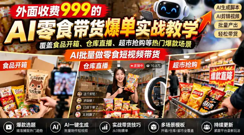 外面收费999的AI零食带货爆单实战教学，覆盖食品开箱、仓库直播、超市抢购等热门爆款场景，AI批量做零食短视频带货-得宝资源站