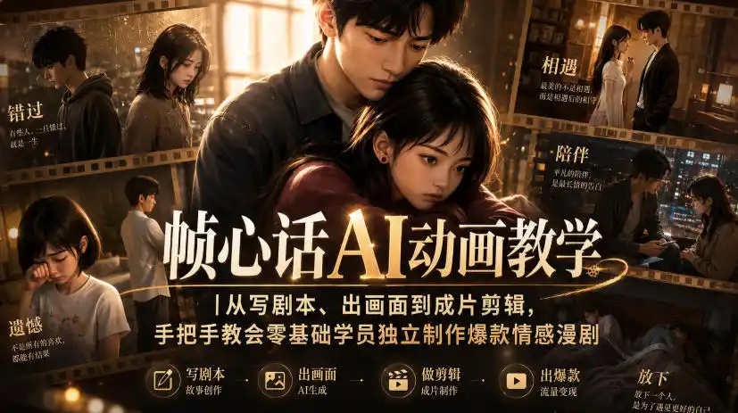 帧心话AI动画教学|从写剧本、出画面到成片剪辑,手把手教会零基础学员独立制作爆款情感漫剧