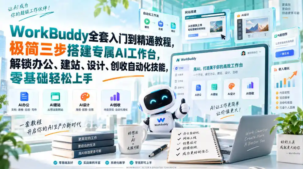 WorkBuddy全套入门到精通教程，极简三步搭建专属AI工作台，解锁办公、建站、设计、创收自动化技能，零基础轻松上手-得宝资源站