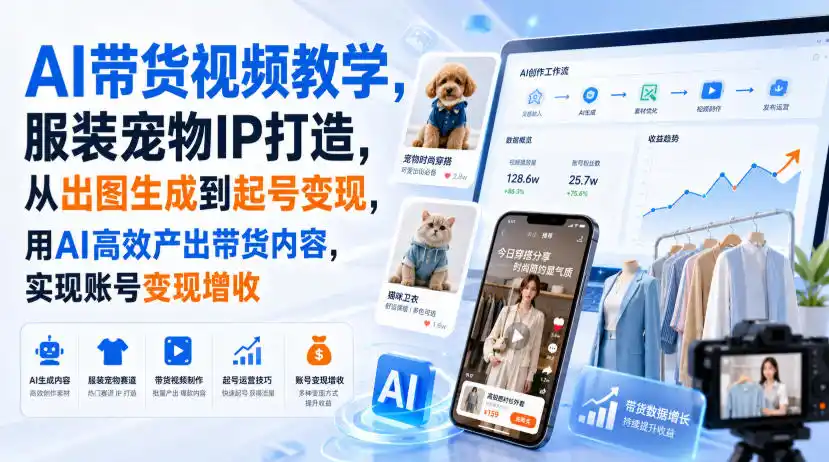 AI带货视频教学，服装宠物IP打造，从出图生成到起号变现，用AI高效产出带货内容，实现账号变现增收-得宝资源站