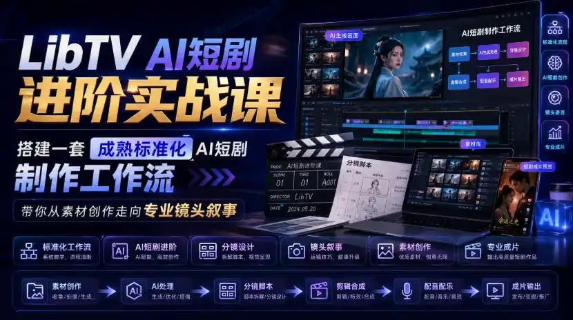 LibTV AI短剧进阶实战课，搭建一套成熟标准化AI短剧制作工作流，带你从素材创作走向专业镜头叙事-得宝资源站