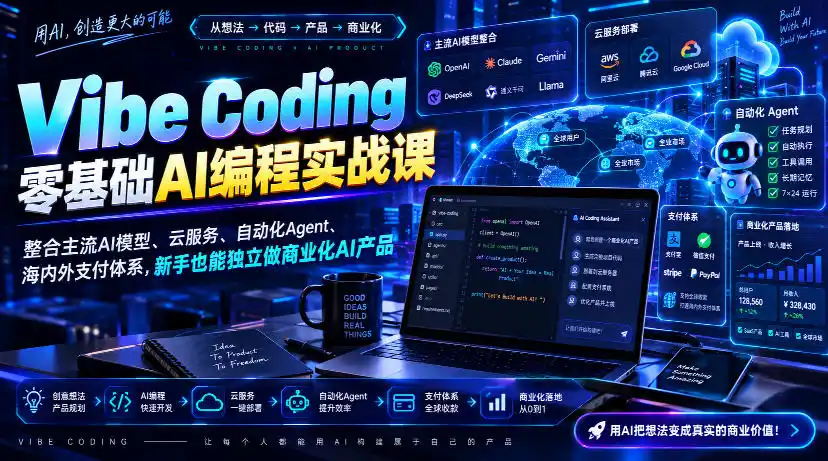 Vibe Coding零基础AI编程实战课-无水印，整合主流AI模型、云服务、自动化Agent、海内外支付体系，新手也能独立做商业化AI产品-得宝资源站