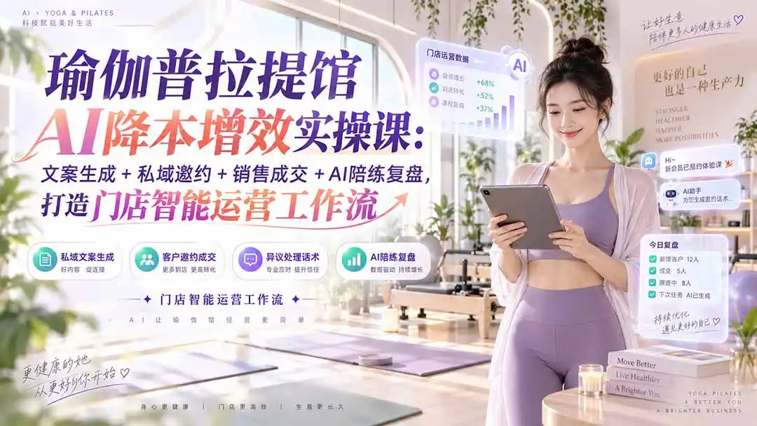 瑜伽普拉提馆AI降本增效实操课：文案生成+私域邀约+销售成交+AI陪练复盘，打造门店智能运营工作流-得宝资源站