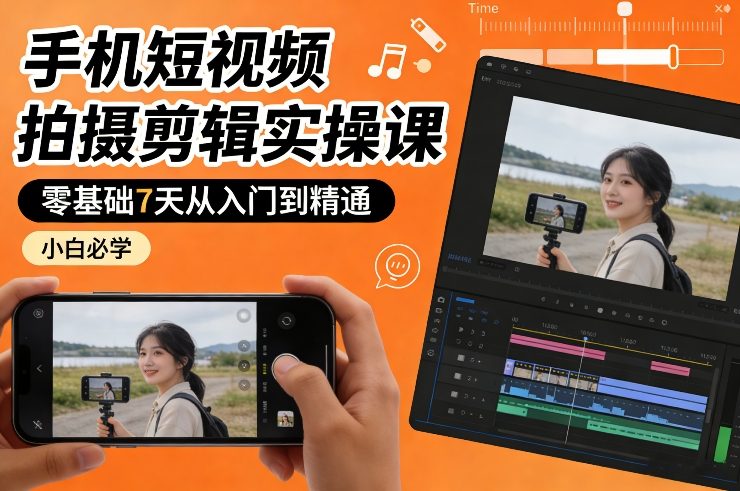 手机短视频拍摄剪辑实操课，零基础7天从入门到精通，小白必学-得宝资源站