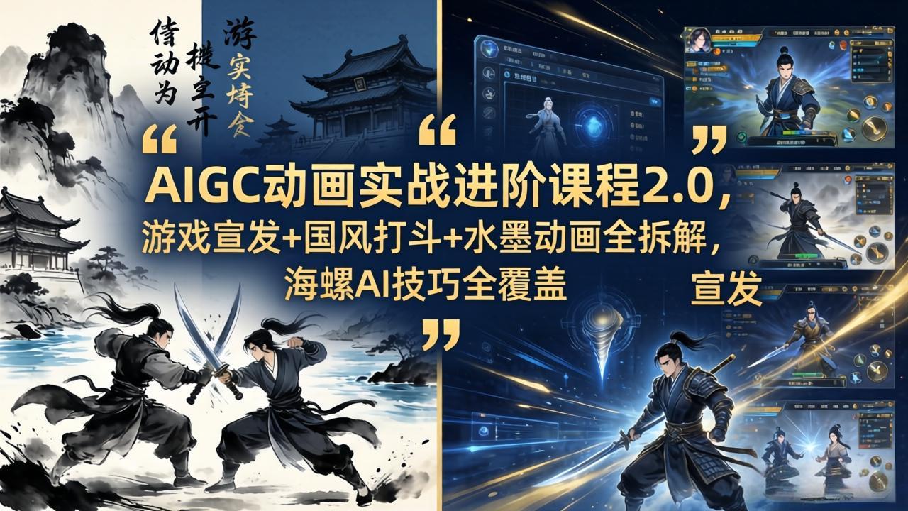AIGC动画实战进阶课程2.0，游戏宣发+国风打斗+水墨动画全拆解，海螺AI技巧全覆盖-得宝资源站