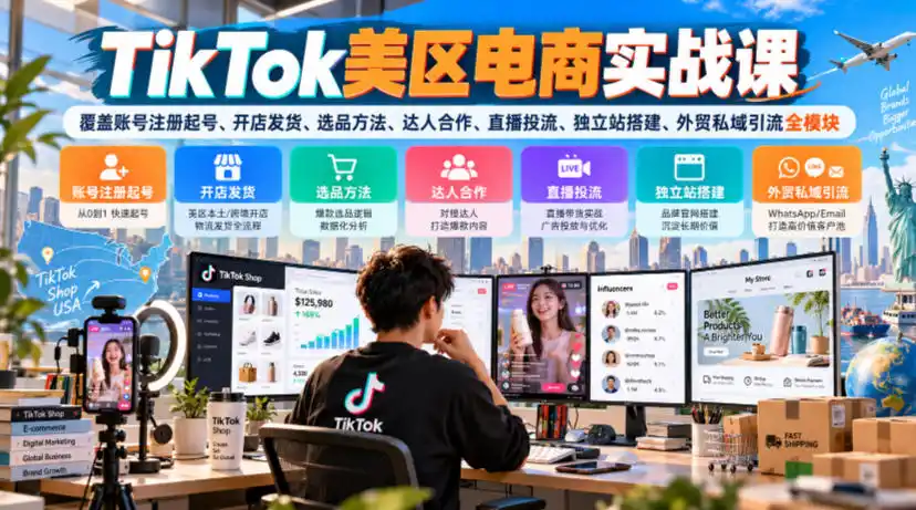 TikTok美区电商实战课，覆盖账号注册起号、开店发货、选品方法、达人合作、直播投流、独立站搭建、外贸私域引流全模块-得宝资源站