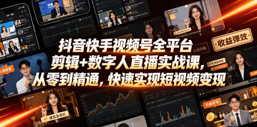 抖音快手视频号全平台剪辑+数字人直播实战课，从零到精通，快速实现短视频变现(更新2026年10月)​