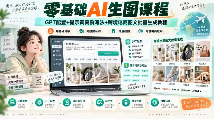 零基础AI生图课程，GPT配置+提示词高阶写法+跨境电商图文批量生成教程-得宝资源站