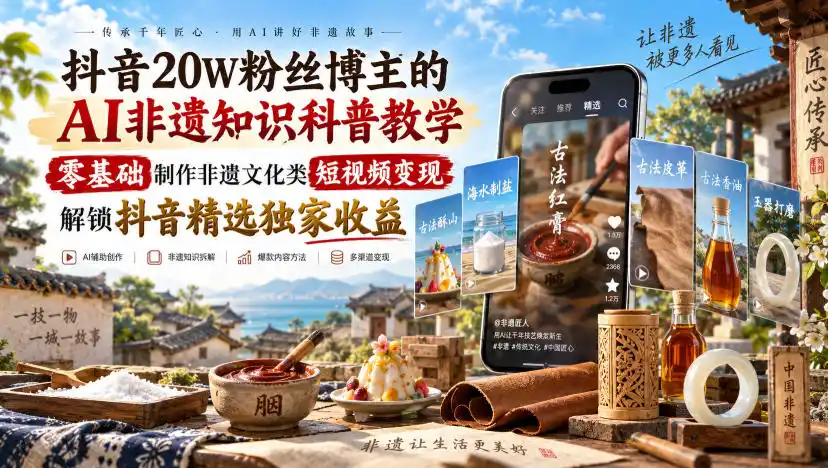 抖音20W粉丝博主的AI非遗知识科普教学，零基础制作非遗文化类短视频变现，解锁抖音精选独家收益-得宝资源站