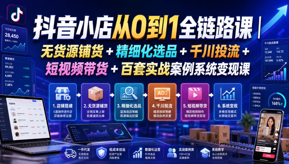 抖音小店从0到1全链路课｜无货源铺货+精细化选品+千川投流+短视频带货+百套实战案例系统变现课(2026年7月更新)-得宝资源站