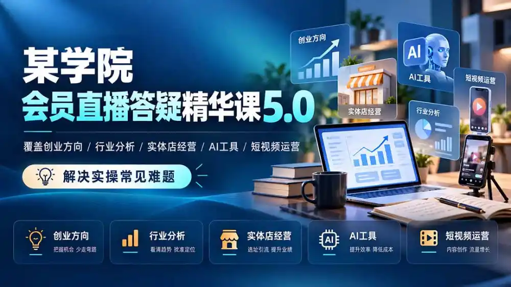某学院会员直播答疑精华课5.0：覆盖创业方向、行业分析、实体店经营、AI工具和短视频运营，解决实操常见难题！-得宝资源站