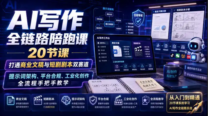 AI写作全链路陪跑课|20节课打通商业文稿与短剧剧本双赛道,提示词架构、平台合规、工业化创作全流程手把手教学