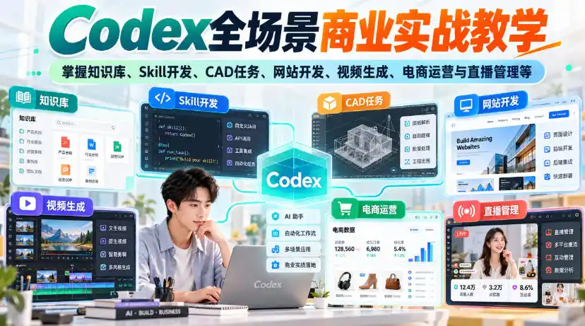 【无水印】Codex全场景商业实战教学，掌握知识库、Skill开发、CAD任务、网站开发、视频生成、电商运营与直播管理等-得宝资源站