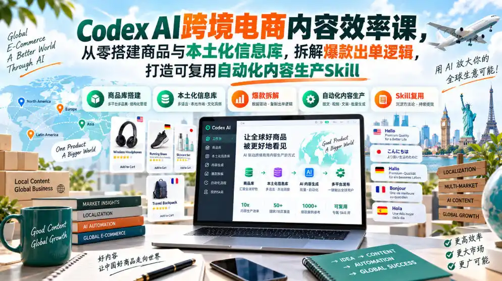 Codex AI跨境电商内容效率课，从零搭建商品与本土化信息库，拆解爆款出单逻辑，打造可复用自动化内容生产Skill-得宝资源站