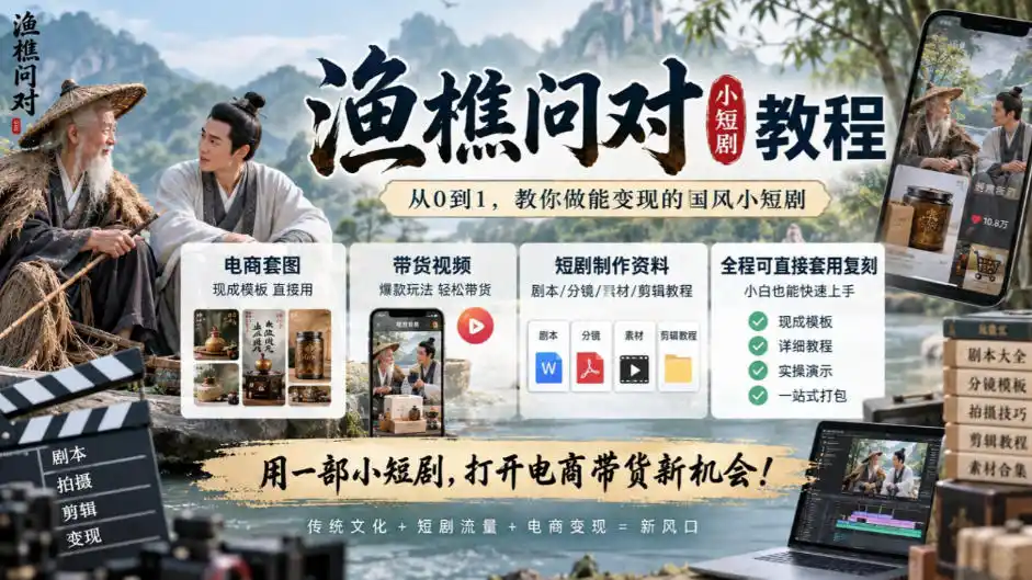 渔樵问对小短剧教程，包含电商套图、带货视频，短剧制作资料，全程可直接套用复刻-得宝资源站