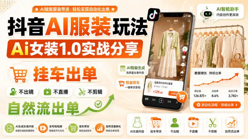 抖音AI服装玩法，Ai女装1.0实战分享，挂车出单，不出镜，不直播，不剪辑，自然流出单