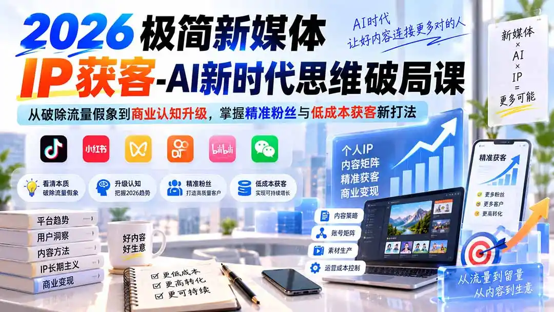 2026极简新媒体IP获客-AI新时代思维破局课：从破除流量假象到商业认知升级，掌握精准粉丝与低成本获客新打法-得宝资源站