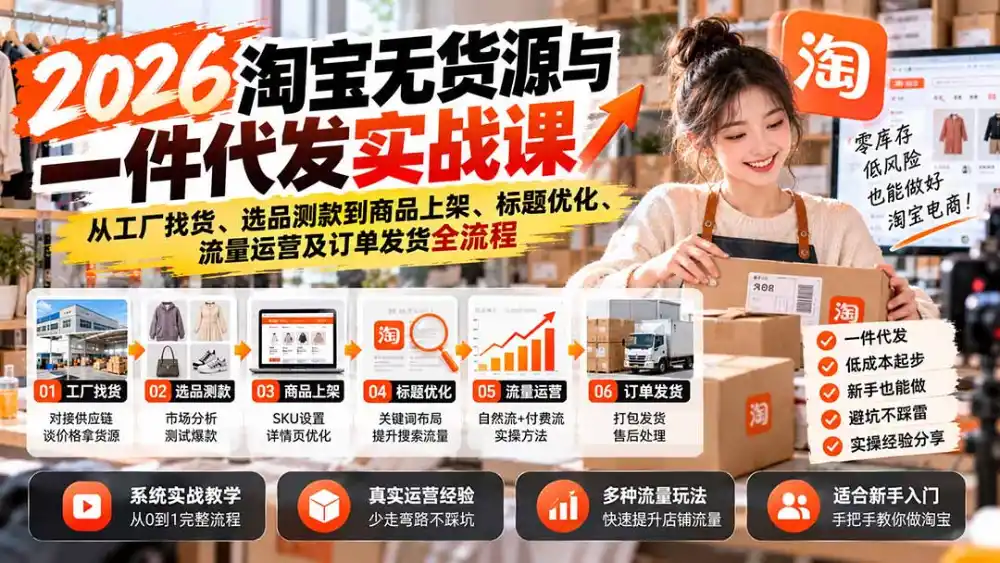 2026淘宝无货源与一件代发实战课：从工厂找货、选品测款到商品上架、标题优化、流量运营及订单发货全流程-得宝资源站