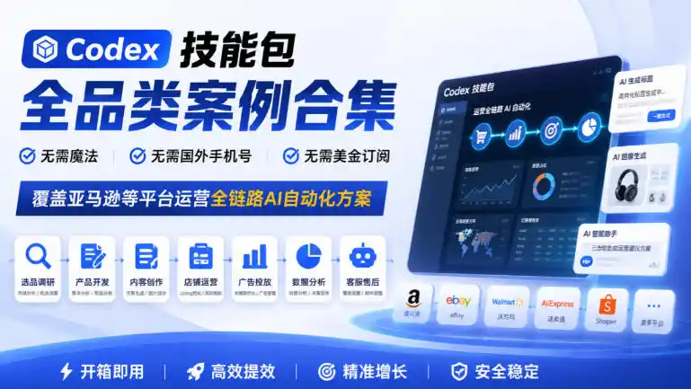 Codex技能包全品类案例合集，无需魔法、无需国外手机号、无需美金订阅，覆盖亚马逊等平台运营全链路AI自动化方案-得宝资源站