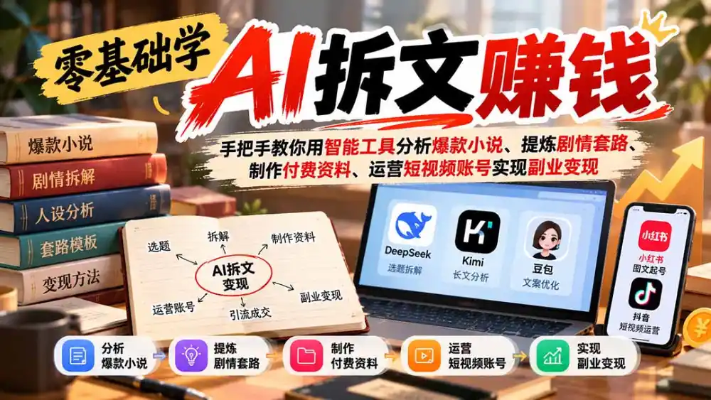 零基础学AI拆文赚钱：手把手教你用智能工具分析爆款小说、提炼剧情套路、制作付费资料、运营短视频账号实现副业变现-得宝资源站