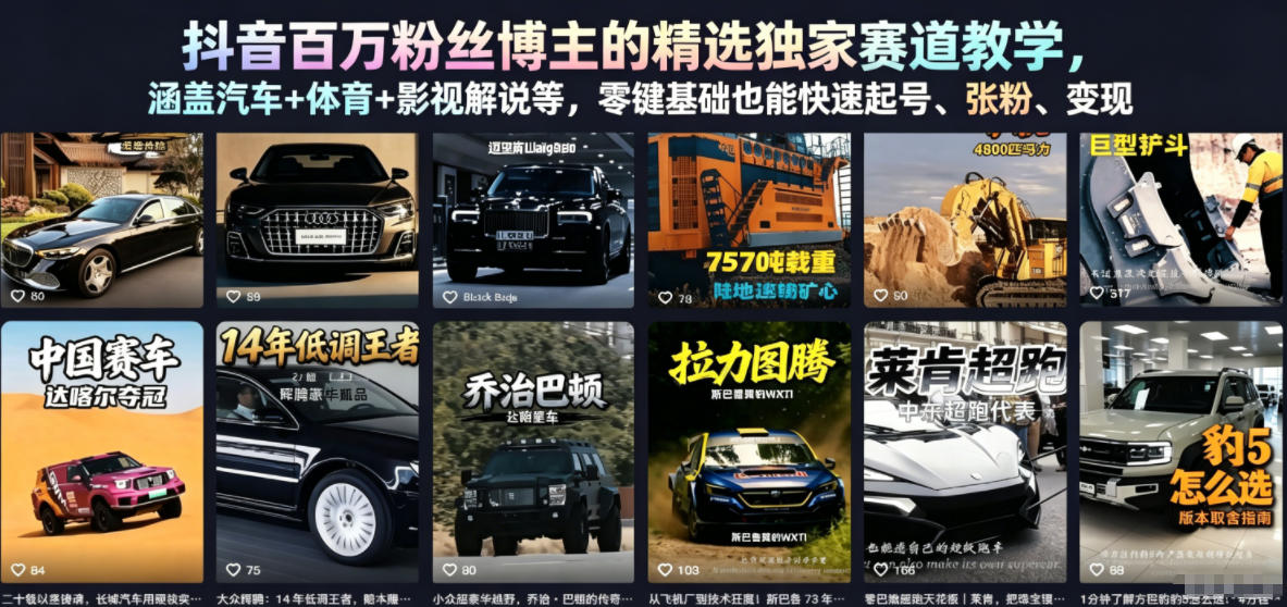 抖音百万粉丝博主的精选独家赛道教学，涵盖汽车+体育+影视解说等，零基础也能快速起号、涨粉、变现-得宝资源站