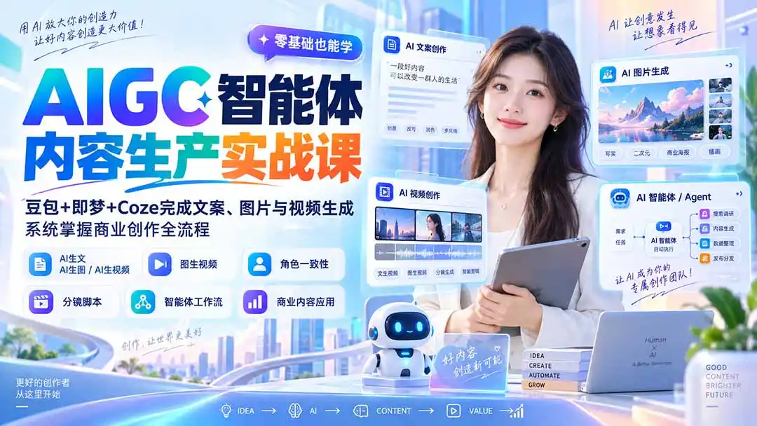 AIGC智能体内容生产实战课：豆包+即梦+Coze完成文案、图片与视频生成，系统掌握商业创作全流程-得宝资源站