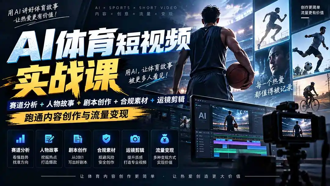 AI体育短视频赛道顶级玩法｜赛道分析+人物故事+剧本创作+版权处理+运镜剪辑，跑通流量变现-日赚1K+-得宝资源站