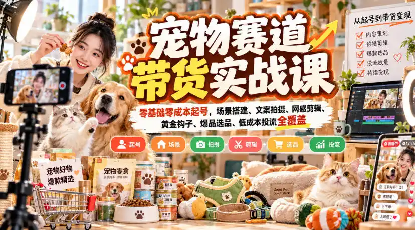 宠物赛道带货实战课，零基础零成本起号，场景搭建、文案拍摄、网感剪辑、黄金钩子、爆品选品、低成本投流全覆盖-得宝资源站