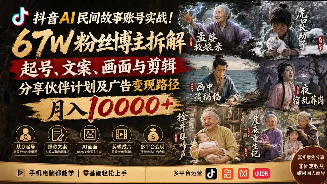 抖音AI民间故事账号实战！67W粉丝博主拆解起号、文案、画面与剪辑，分享伙伴计划及广告变现路径，月入10000+-得宝资源站