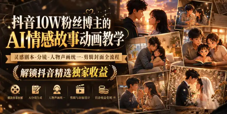 抖音10W粉丝博主的AI情感故事动画教学，灵感剧本‑分镜‑人物声画统一‑剪辑封面全流程，解锁抖音精选独家收益-得宝资源站