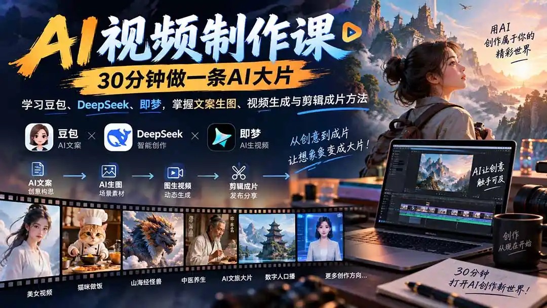 AI视频制作课-30分钟做一条AI大片：学习豆包、DeepSeek、即梦，掌握文案生图、视频生成与剪辑成片方法-得宝资源站