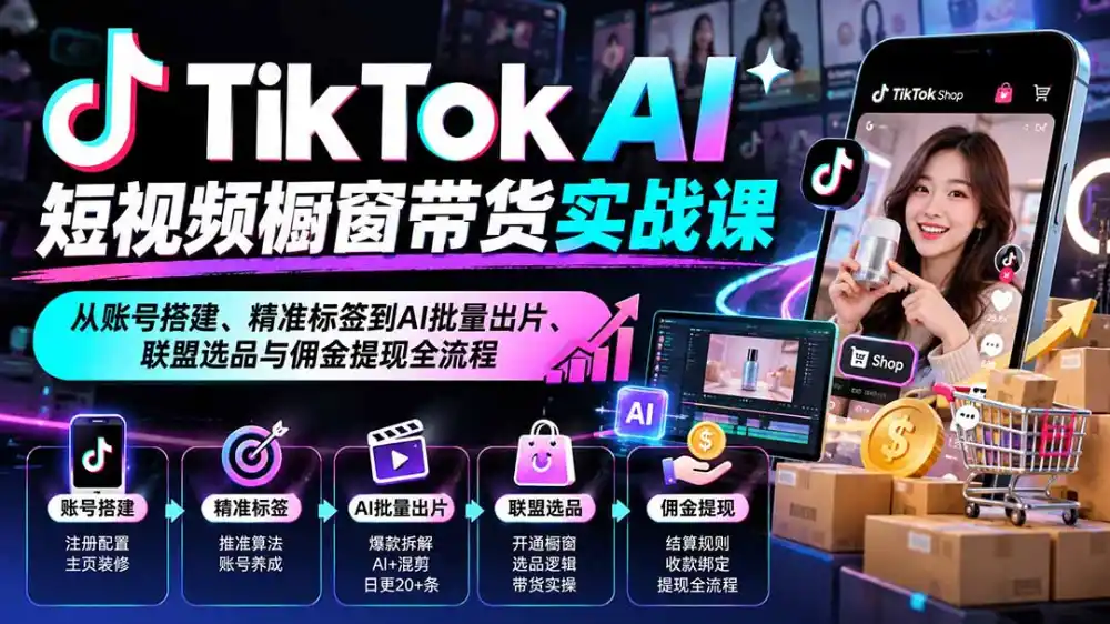 TikTok AI短视频橱窗带货实战课：从账号搭建、精准标签到AI批量出片、联盟选品与佣金提现全流程-得宝资源站