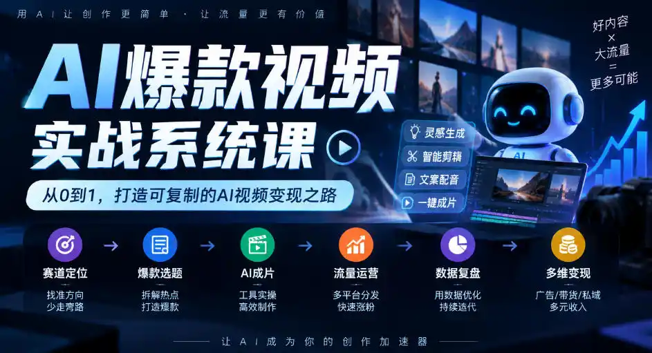 AI爆款视频实战系统课｜赛道定位、爆款选题、AI成片、流量运营、数据复盘、多维变现全链路教学-得宝资源站