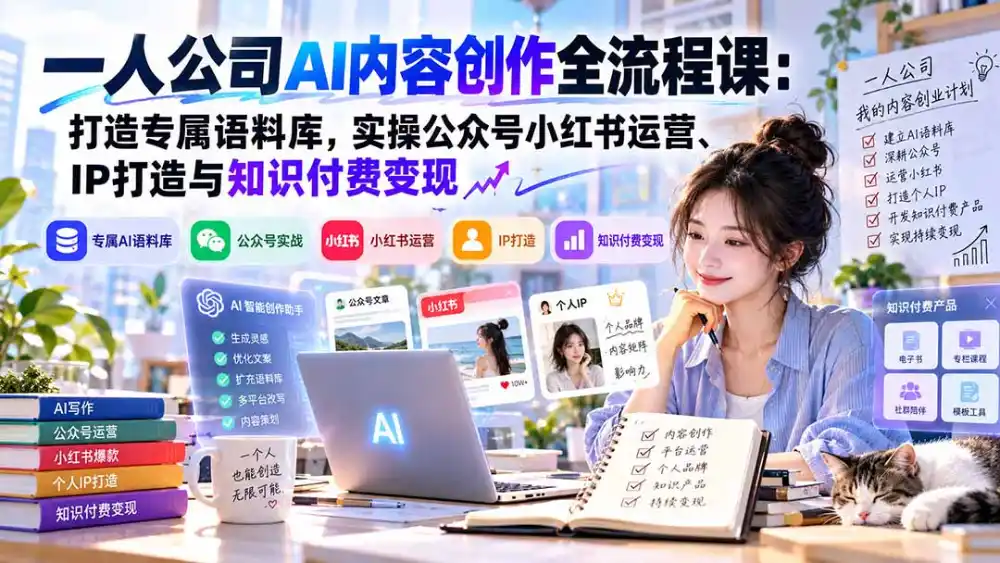 一人公司AI内容创作全流程课：打造专属语料库，实操公众号小红书运营、IP打造与知识付费变现方法论-得宝资源站