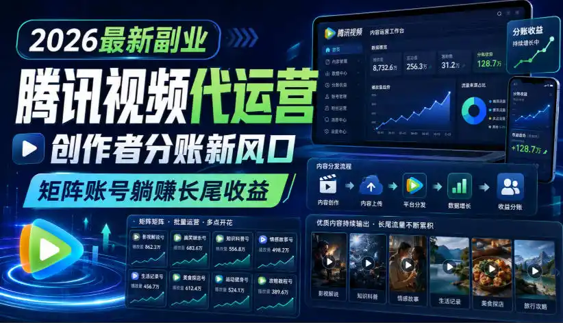 2026最新副业之腾讯视频代运营：创作者分账新风口，矩阵账号躺賺长尾收益【揭秘】-得宝资源站