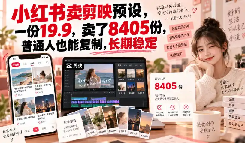 小红书卖剪映预设，一份19.9，卖了8405份，普通人也能复制，长期稳定-得宝资源站