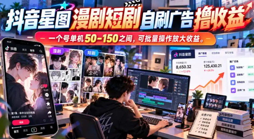 抖音星图漫剧短剧自刷广告撸收益，一个号单机50-150之间，可批量操作放大收益-得宝资源站