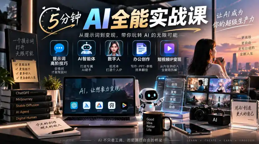 5分钟AI全能实战课｜提示词高阶技巧+AI智能体+数字人+办公创作+短视频IP变现全教程-得宝资源站