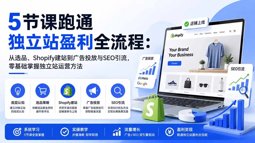 5节课跑通独立站盈利全流程：从选品、Shopify建站到广告投放与SEO引流，零基础掌握独立站运营方法-得宝资源站