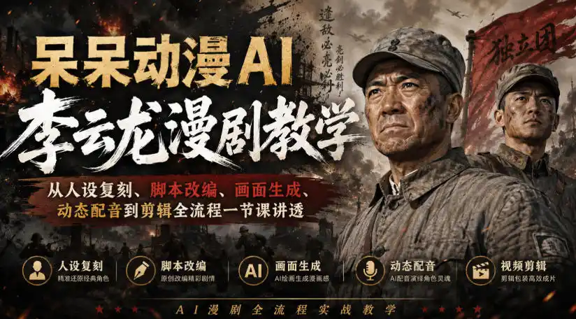 呆呆动漫AI李云龙漫剧教学，从人设复刻、脚本改编、画面生成、动态配音到剪辑全流程一节课讲透-得宝资源站
